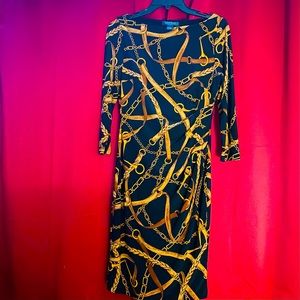 Ralph Lauren classic black, brown & gold chain dress ruche stretch lined size 4